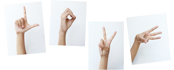 Das Wort LOVE wird dargestellt mit Handzeichen