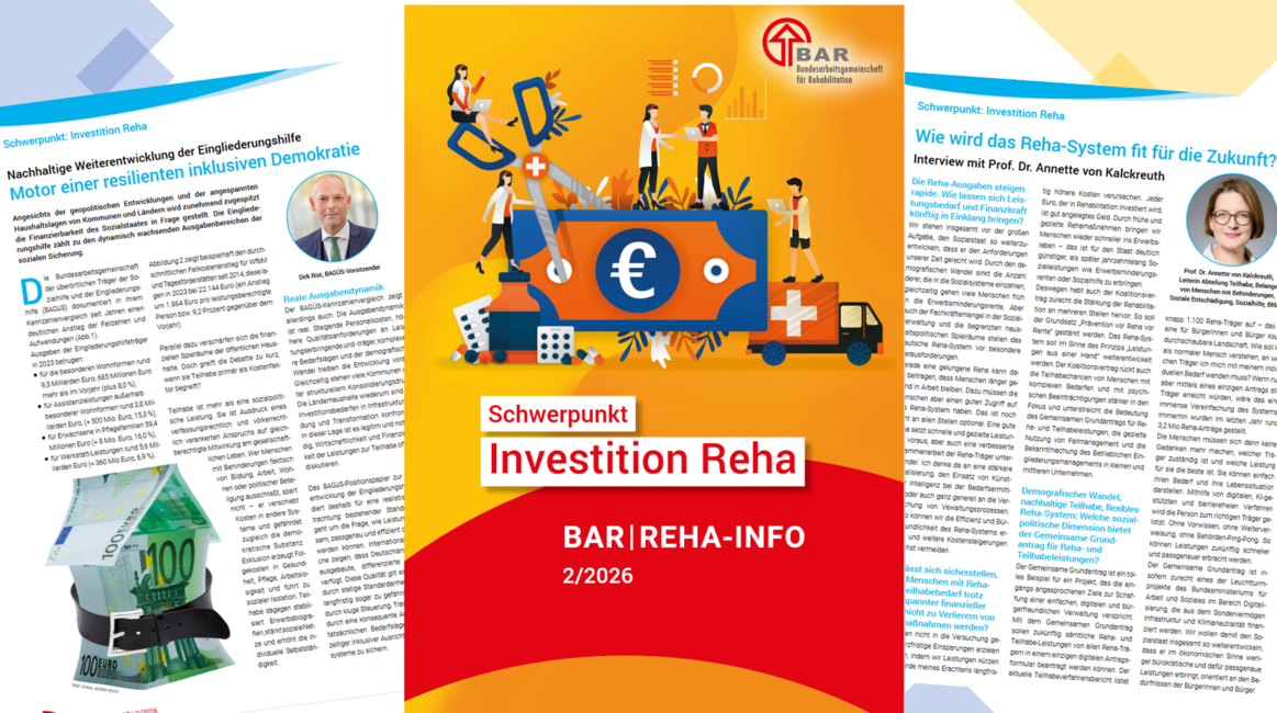 Der Titel und zwei Innenseiten der neuen Ausgabe der BAR-Reha Info, Ausgabe 2 im Jahr 2026