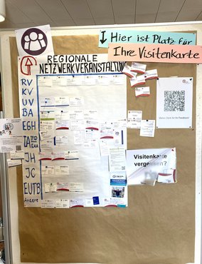 Hier hängen viele Visitenkarten am Kontaktboard der Netzwerkveranstaltung in Kiel.