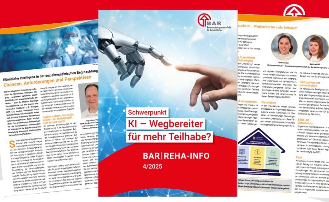 Titel und zwei Innenseiten als Ansicht; Reha-Info der BAR, Ausgabe 4/2025 zum Thema KI und Teilhabe