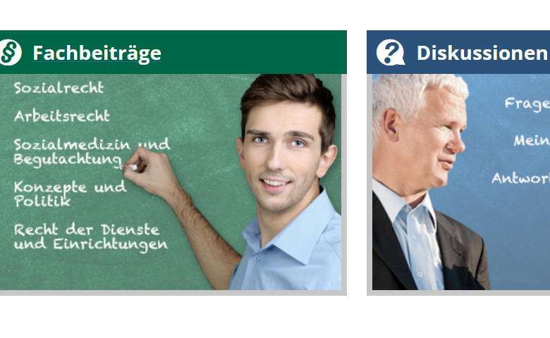 Bildelement aus der Reha-Recht.de-Website: Fachbeiträge und Diskussionen gehören zum Online-Angebot.