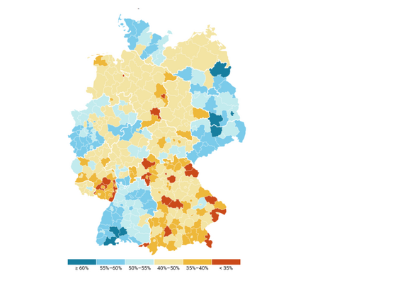 Die Karte zeigt die Regionen in Deutschland an, in denen die Barrierefreiheit in Arztpraxen im Schnitt nicht ausreichend gewährt ist.