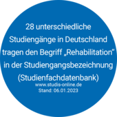 28 unterschiedliche Studiengänge in Deutschland tragen den Begriff „Rehabilitation“ in der Studiengangsbezeichnung (Studienfachdatenbank) www.studis-online.de Stand: 06.01.2023