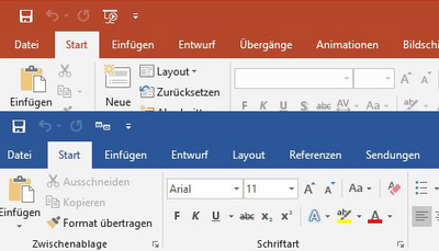 Abbildung zeigt einen Screenshot von Menübändern in PowerPoint und Word mit aktivierter Registerkarte "Start". 