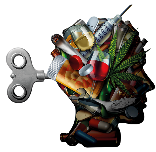 Illustration mit Suchtmitteln gefüllter Kopf mit Stellschraube