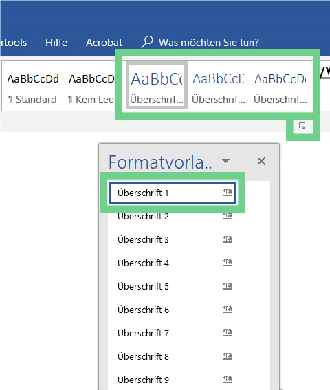 Bild zeigt Funktion Formatvorlage für Überschriften in Word 