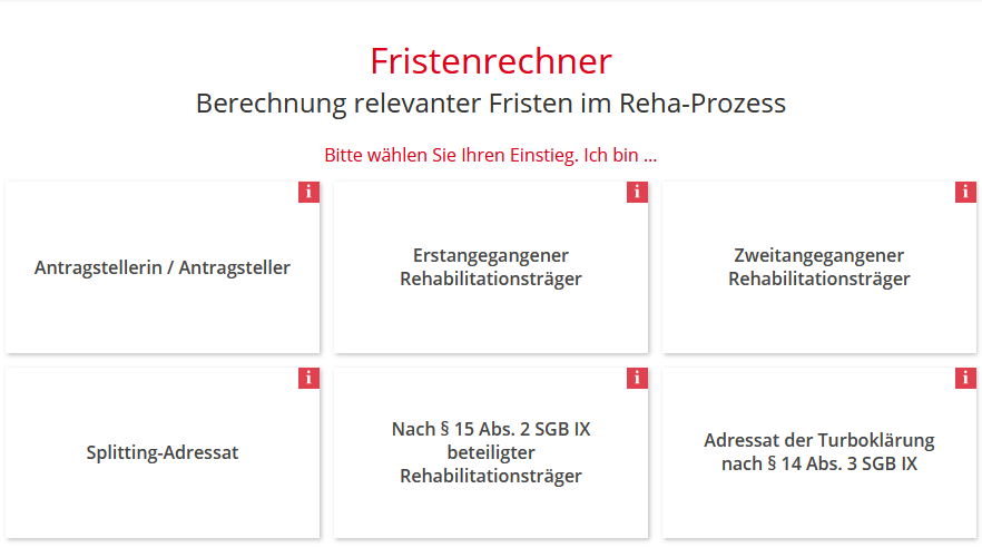 Screenshot: Der BAR-Fristenrechner mit den sechs Perspektiven zum Einstieg.