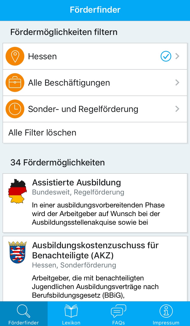 Ausschnitt aus der App "Förderfinder"